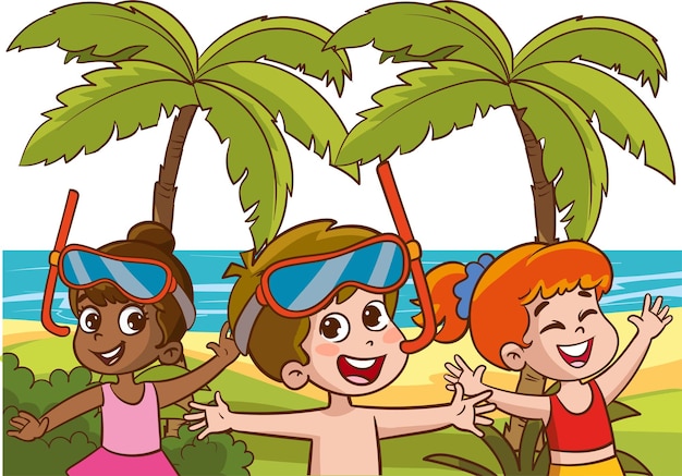 Vetor feliz, crianças, praia, feriado, vetorial, ilustração, isolado