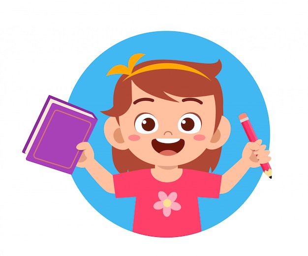 Feliz, cute, criança pequena, menina escola, ler livro