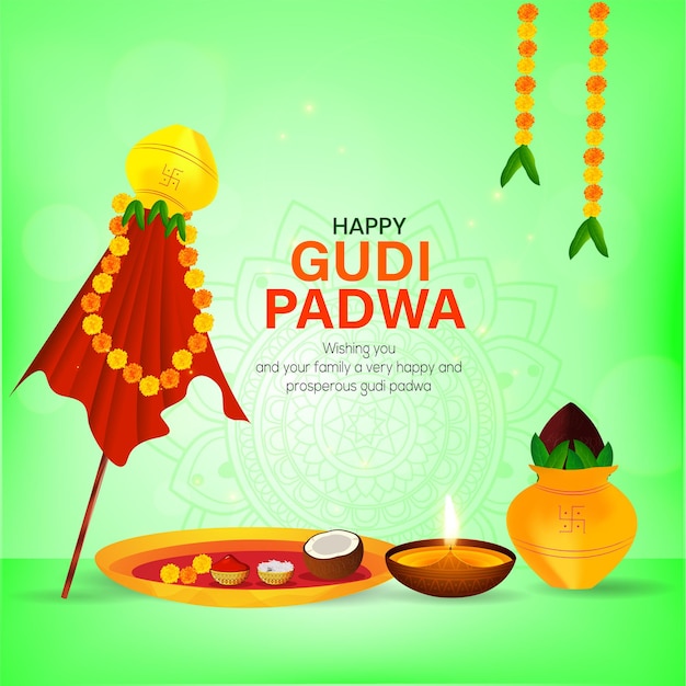 Feliz desenho vetorial do festival Gudi Padwa em saudação e convite de fundo verde
