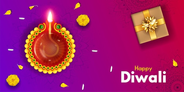 Vetor feliz design de banner de diwali com ilustração de diya e caixa de presente para cabeçalho de cartaz de banner