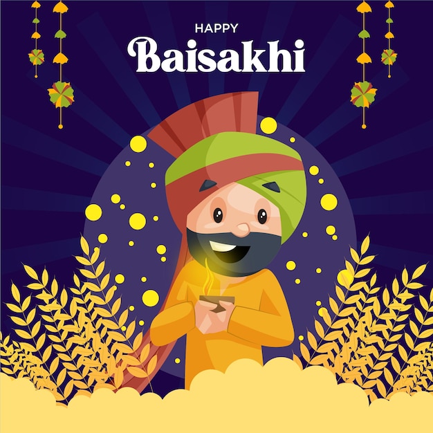 Feliz design de cartão baisakhi com um homem em punjabi segurando uma lâmpada
