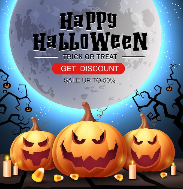 Feliz design de vetor de texto de venda de Halloween Halloween e oferta de desconto promocional de doces ou travessuras na íntegra