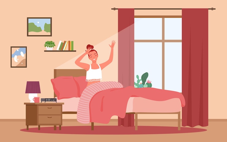 Vetor feliz despertar de manhã, personagem de rotina diária de estilo de vida garota sentada na cama mulher alongando