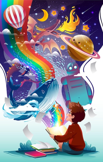 Feliz dia da alfabetização com um menino lendo livros