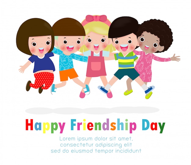 Feliz dia da amizade cartão com grupo de amigos diversos de crianças pulando e abraçando juntos para celebração de eventos especiais
