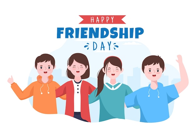Feliz dia da amizade ilustração de desenho animado bonito com meninos e meninas