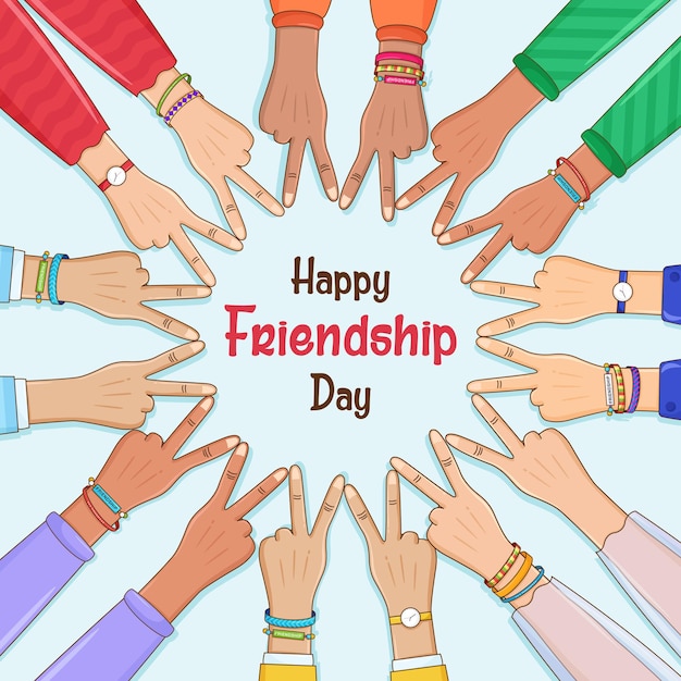 Feliz dia da amizade um círculo de mãos fazendo sinais de paz sinal de vitória sob um céu azul mãos para a unidade e o sucesso do trabalho em equipe ajuda o conceito de negócio