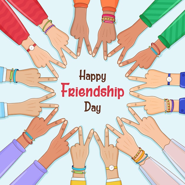 feliz dia da amizade um círculo de mãos fazendo sinais de paz Sinal de vitória sob um céu azul mãos para a unidade e o sucesso do trabalho em equipe ajuda o conceito de negócio