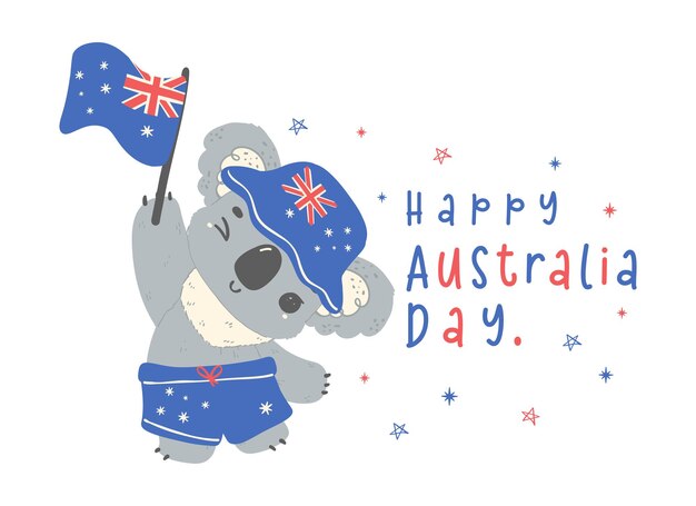 Vetor feliz dia da austrália, coala com bandeira, animal adorável, comemore o dia da nação australiana.