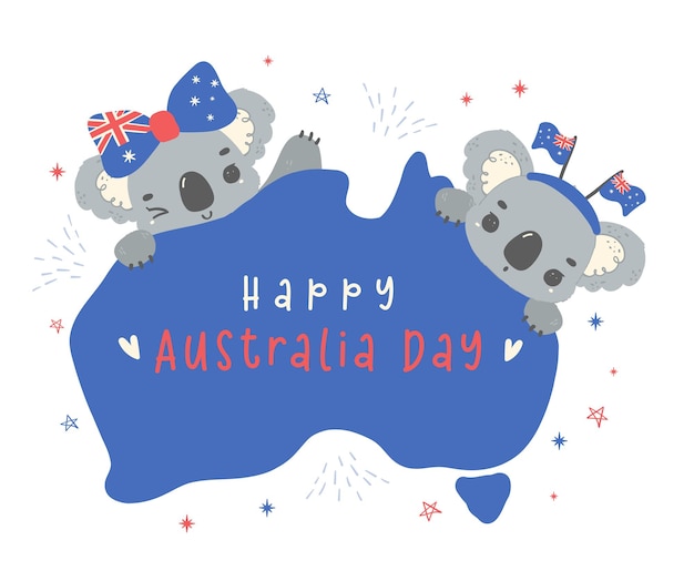 Vetor feliz dia da austrália coalas com mapa adoráveis bebês animais celebram o dia da nação australiana desenho animado