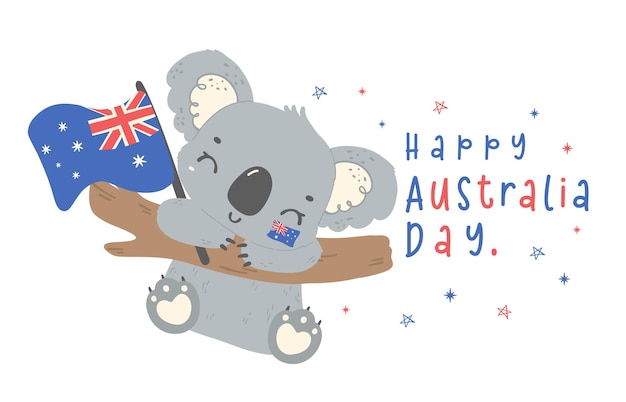 Vetor feliz dia da austrália koala com coração de bandeira em pose adorável animal comemorar o dia da nação australiana