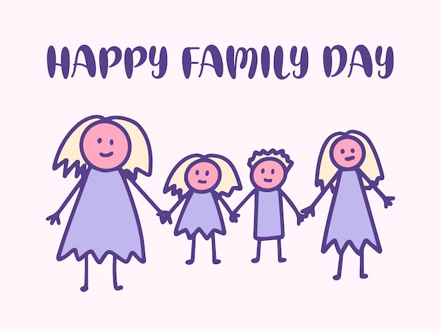 Vetor feliz dia da família cartões de saudação criança segurando a mão da mãe crianças doodle desenho