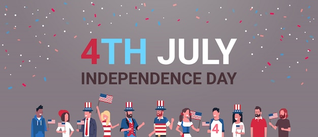 Feliz dia da independência 4 de julho misturar pessoas de corrida com bandeiras dos EUA comemorando bonés
