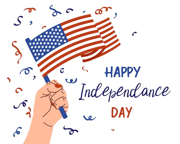 Feliz dia da independência americana 4 de julho Mão com bandeira americana ilustração vetorial de cartão de saudação