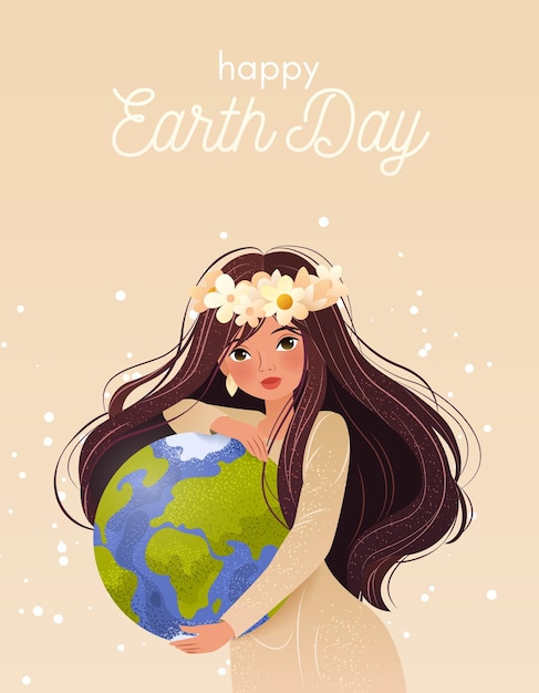 Vetor feliz dia da mãe terra proteção ambiental cartão de saudação vertical com mulher e planeta terra