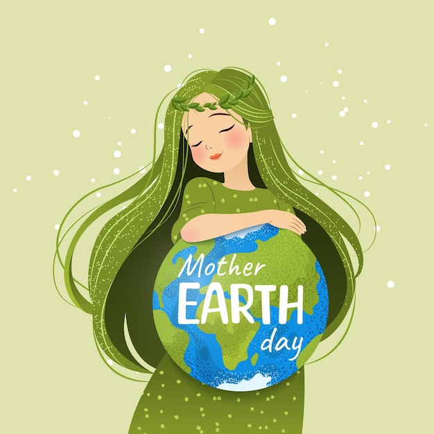 Vetor feliz dia da mãe terra proteção ambiental poster em estilo de desenho animado com mulher e planeta terra