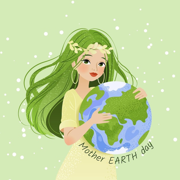 Feliz dia da mãe terra proteção ambiental poster em estilo de desenho animado com mulher e planeta terra