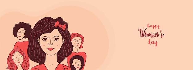 Feliz dia da mulher design de banner com grupo de personagens de meninas da moda em fundo pêssego