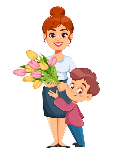 Feliz dia da mulher. Garoto bonito dando um buquê de tulipas para sua mãe. Filho apresentando flores para sua mãe, personagens de desenhos animados. Ilustração em vetor de estoque em fundo branco