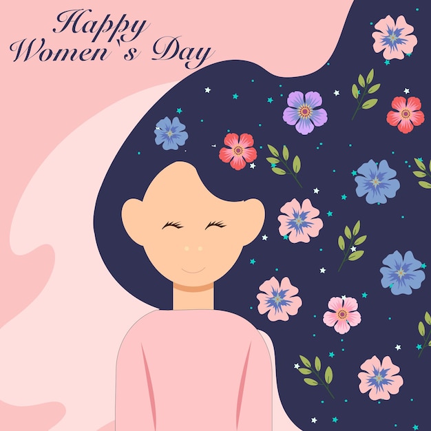 Feliz Dia da Mulher Modelo de cartaz de saudação Mulher com flores de primavera no cabelo