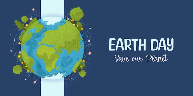 Vetor feliz dia da terra banner de proteção ambiental em estilo de desenho animado com flores de árvores do planeta terra