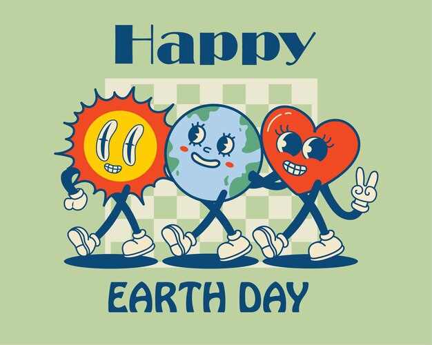 Feliz dia da terra cartões retrô com slogan vintage nostalgia personagem de mascote do planeta com rosto sorridente globo com gesto de mão de paz conceito de reciclagem favorável ao meio ambiente