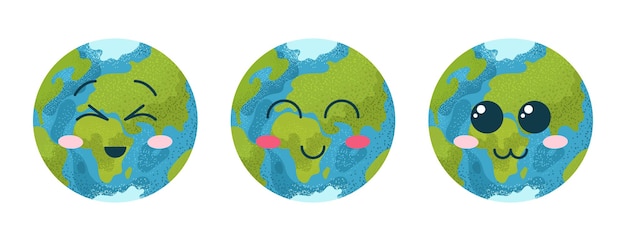 Feliz dia da terra conjunto de emojis planos do planeta terra pacote com mascote ícones da terra com rostos isolados