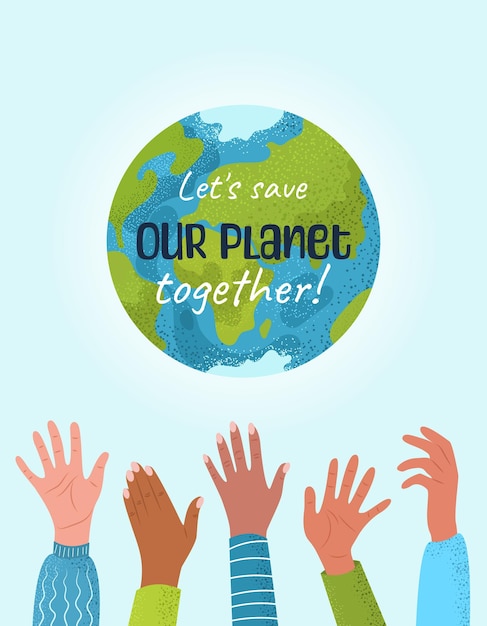 Feliz dia da terra poster de proteção ambiental com mãos humanas do planeta terra e slogan