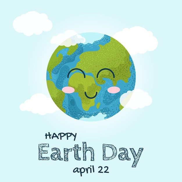 Vetor feliz dia da terra proteção ambiental poster em estilo de desenho animado com emoji planeta terra nuvens