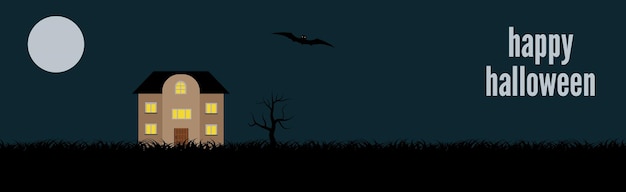 Feliz dia das bruxas. banner festivo com uma casa solitária em um fundo de lua cheia à noite. ilustração vetorial.