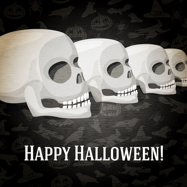 Feliz dia das bruxas cartão com crânios humanos desaparecendo em perspectiva. sobre o fundo escuro de halloween com morcegos, bruxas, chapéus, aranhas, abóboras.