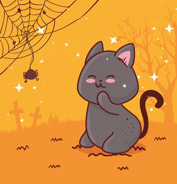 Feliz dia das bruxas, com desenho de ilustração vetorial de gato fofo e aranha