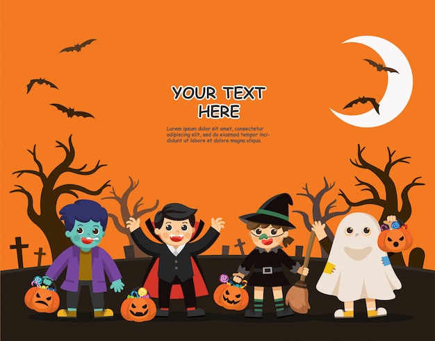 Feliz Dia das Bruxas. Crianças vestidas com fantasias de Halloween para irem truques ou travessuras. Modelo para folheto publicitário