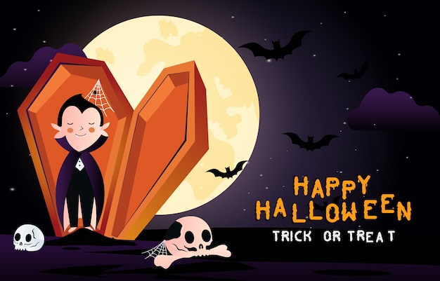 Feliz dia das bruxas fundo assustador. convite para festa ou banner de halloween com vampiro e túmulo. ilustração de terror.