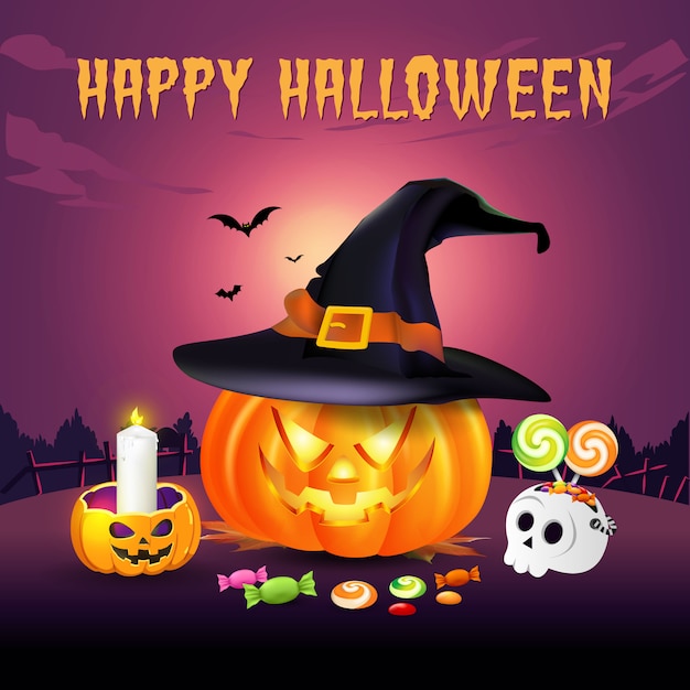 Feliz dia das bruxas fundo com jack o lantern no chapéu de bruxa e doces de halloween. ilustração para cartão, folheto, banner e cartaz de feliz dia das bruxas