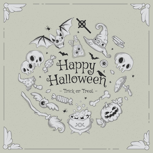 Feliz dia das bruxas. grande conjunto de doodle desenhado à mão de horror. coleção halloween e elementos mágicos.