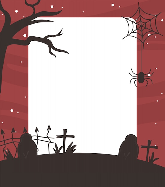 Feliz dia das bruxas, lápides de árvores secas, aranha, fundo cruzado, ilustração em vetor festa