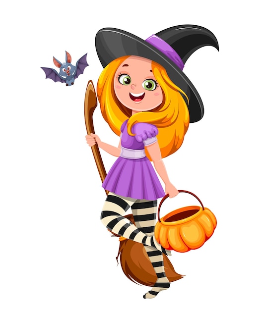 Feliz dia das bruxas linda garota bruxa personagem de desenho animado de bruxinha bonita