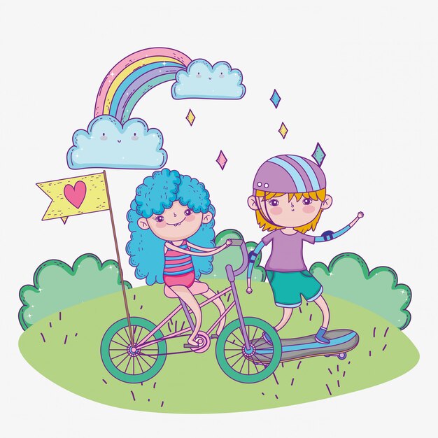 Feliz dia das crianças, menino bonito e menina andando de bicicleta e skate no parque