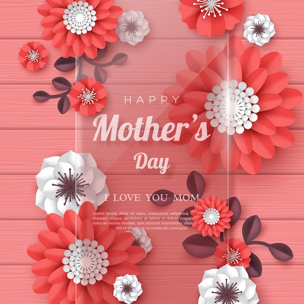 Feliz dia das mães cartão de saudação. Flores de corte de papel 3D com moldura de vidro transparente