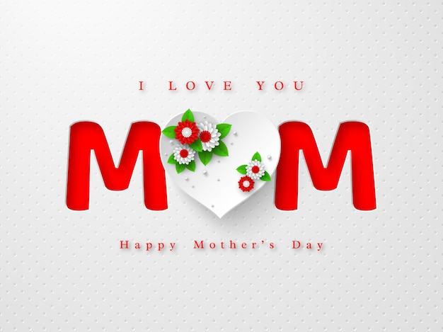 Feliz dia das mães cartão de saudação. mãe palavra em estilo de papel artesanal com flores decoradas de coração 3d em fundo branco manchado. ilustração.