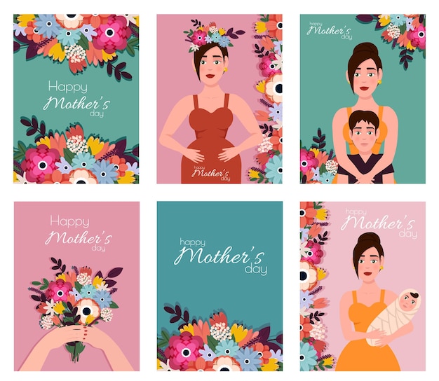 Feliz dia das mães cartões de saudação do dia das mães com cartões postais de feriado da mãe de texto projeta fundos