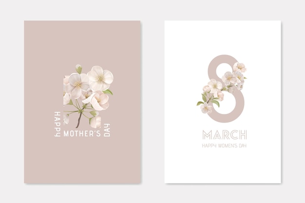 Feliz dia das mães e conjunto de modelos de cartões elegantes de 8 de março. composição decorativa com flores de cerejeira em fundo branco e bege cartaz de férias banner folheto folheto ilustração em vetor plana