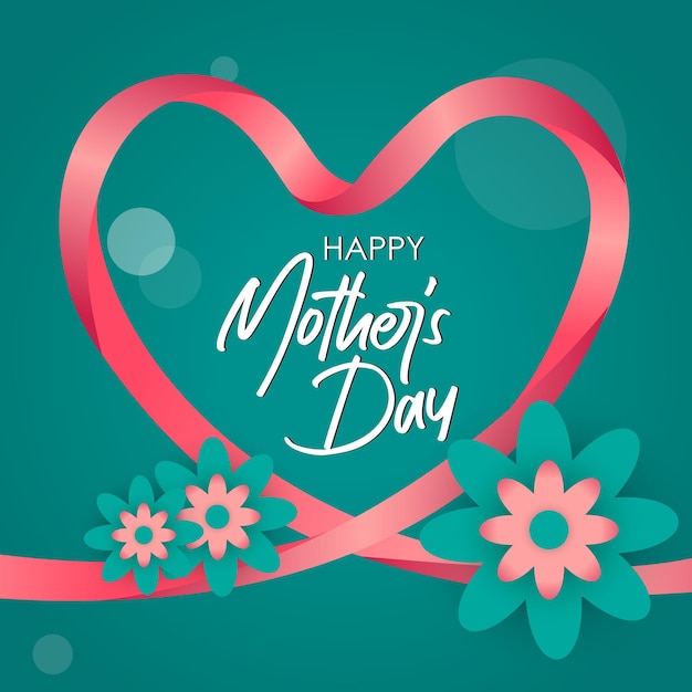 Vetor feliz dia das mães. ilustração vetorial com letras e coração de fita rosa e flor. dia das mães