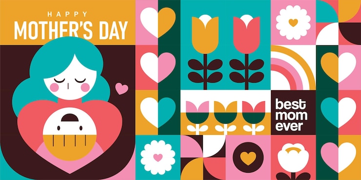 Vetor feliz dia das mães ilustração vetorial plana em estilo geometria mãe com flores de criança e formas geométricas abstratas