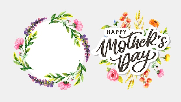 Feliz dia das mães letras ilustração vetorial de caligrafia artesanal cartão de dia das mães com flores