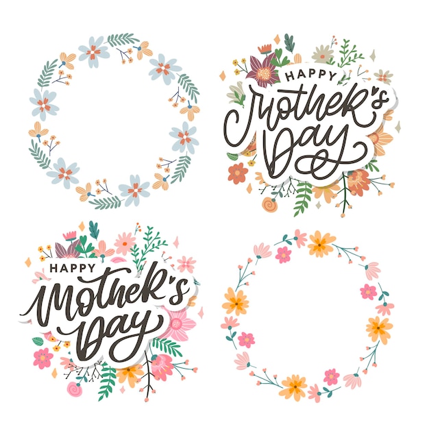 Feliz dia das mães letras ilustração vetorial de caligrafia artesanal cartão de dia das mães com flores
