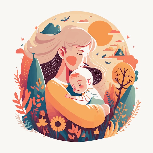 Feliz dia das mães mãe abraço adorável bebê fundo floral vector flat style