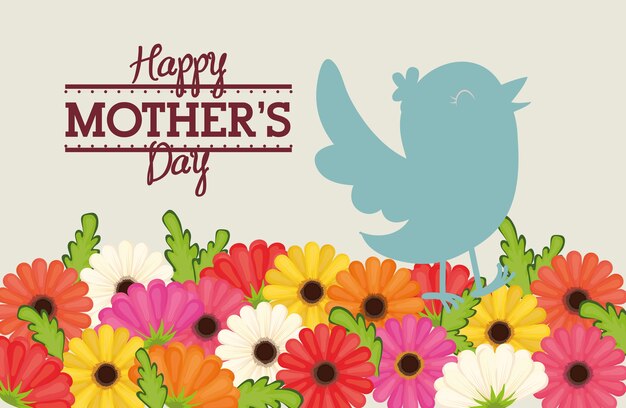 feliz dia das mães pássaro flores decoração cartão