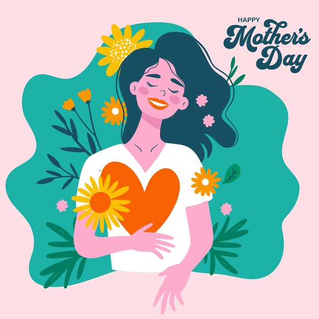 Feliz dia das mães vetor saudação sorriso de mulher feliz com buquê de flores em um estilo plano de desenho animado